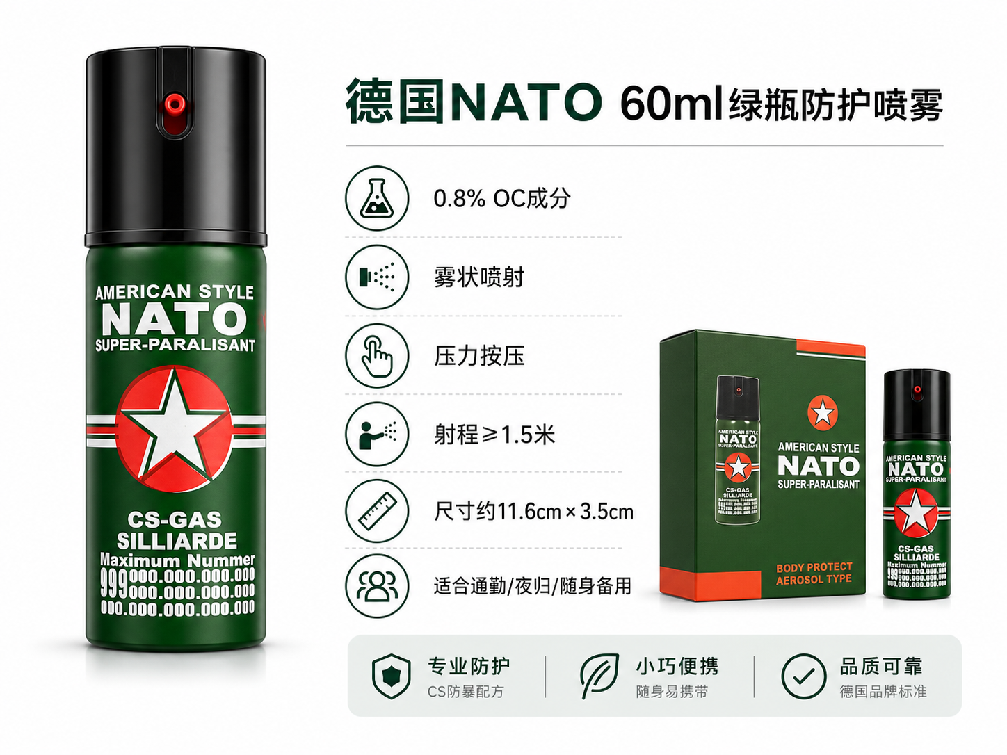 德国NATO 60ml绿瓶防护喷雾 OC雾状便携款(图1)