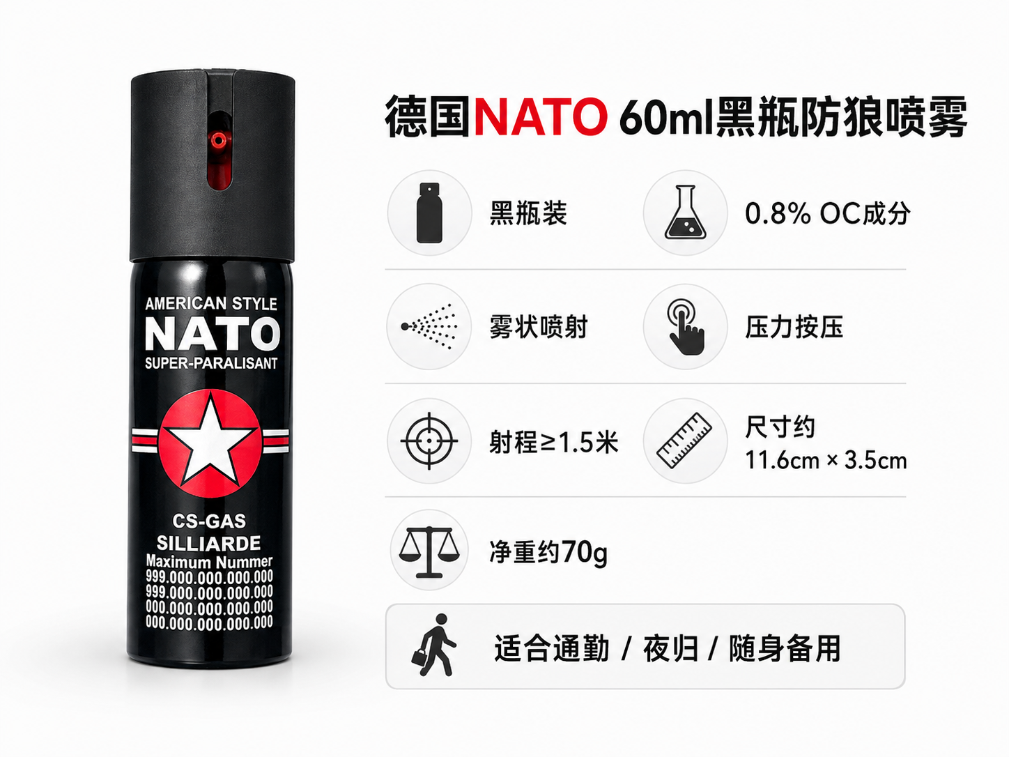 德国NATO 60ml黑瓶防狼喷雾 OC雾状便携防护喷雾(图1)