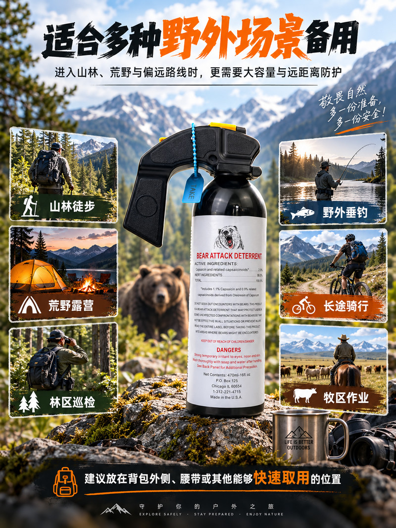 外贸大白熊500mL防熊喷雾 高浓度辣椒素5米远射雾状 户外防野狼恶犬(图4)