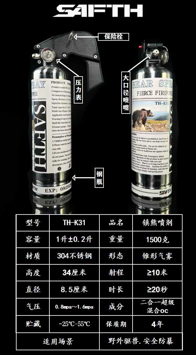 SAFTH TH-K31镇熊喷剂 1200mL大容量10米远射锥形气雾防熊喷雾野外驱兽剂(图1)
